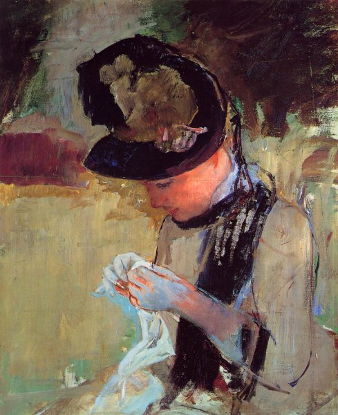 Young Woman Sewing in the Garden by Mary Cassatt - Hand-Painted Oil Painting Reproduction