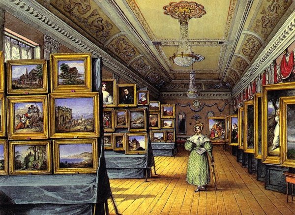 Interior of the Great Room at the Hotel du Chevald d'Or, Frankfurt A/M, Open for the Exhibition of Pictures, May 1835 by Mary Ellen Best - Hand-Painted Oil Painting Reproduction