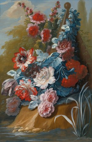 Bouquets of flowers on a ledge above water by Mary Moser Oil Painting