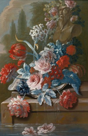Bouquets of flowers on a ledge above water by Mary Moser Oil Painting