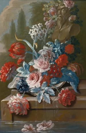 Bouquets of flowers on a ledge above water by Mary Moser Oil Painting