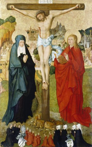 The Crucifixion with Donor Portraits of Wigand Markel and His Family by Master Of Frankfurt Oil Painting