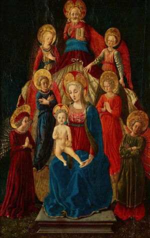 Virgin and Child Enthroned with God the Father and Six Angels by Master Of Pratovecchio Oil Painting