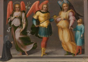 Archangels Gabriel, Michael, and Raphael with Tobias and a Female Donor by Master Of Serumido Oil Painting