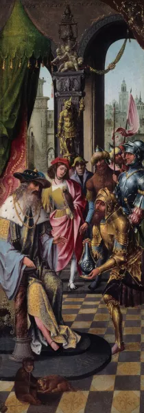 King David Receiving the Cistern Water of Bethlehem Oil painting by Master Of The Antwerp Adoration Group