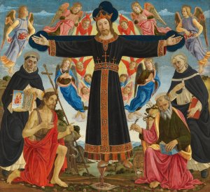 Christ on the Cross with Saints Vincent Ferrer, John the Baptist, Mark and Antoninus by Master Of The Fiesole Epiphany Oil Painting