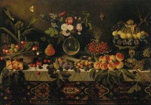 A draped table laden with fruit and flowers in a glass vase by Master Of The Hartford Still Life Oil Painting