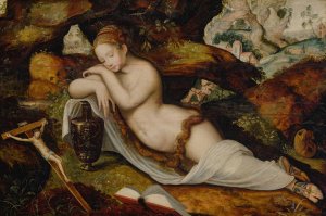 Mary Magdalene Sleeping In A Grotto, A Hilly Landscape Beyond by Master Of The Prodigal Son Oil Painting