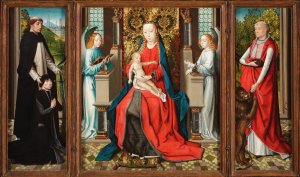 Triptych of Madonna and Child with Angels; Donor and His Patron Saint Peter Martyr; and Saint Jerome and His Lion by Master Of The St. Lucy Legend Oil Painting