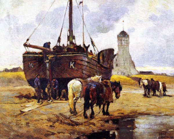 Main Product Photo of Fishing Boat at Katwick Painting by Mathias J Alten