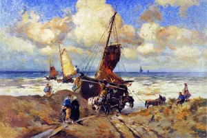 Pulling a Boat to Shore by Mathias J Alten Oil Painting