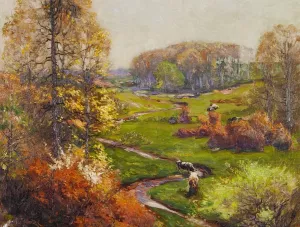 Spring Landscape with Meandering Stream and Cows by Mathias J Alten Oil Painting