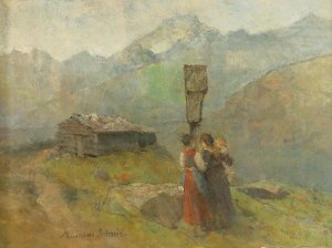 Three Women at the Wayside Shrine in the High Mountains by Mathias Schmid Oil Painting
