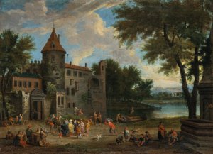 Oriental Merchants outside a castle by Mathijs Schoevaerdts Oil Painting