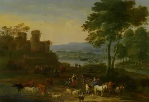 A River Landscape with Herders and their Animals on a Path with Other Figures A Village Beyond by Mathys Schoevaerdts - Oil Painting Reproduction
