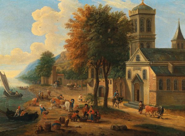 Main Product Photo of Coastal landscape with fishermen unloading their catch Painting by Mathys Schoevaerdts