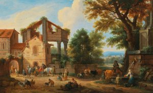 Travellers outside the gate of a town, near a fountain by Mathys Schoevaerdts Oil Painting