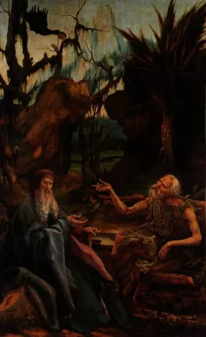 The Meeting of St Anthony Abbot and St Paul in the Wilderness Oil painting by Matthias Gruenewald