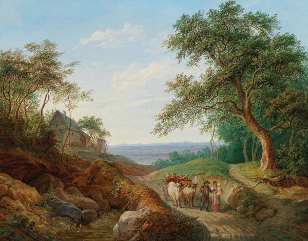 Main Product Photo of A peasant couple with a timber cart in a vast Danube landscape  Painting by Matthias Rudolf Toma