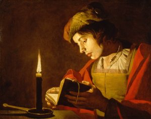 A Young Man Reading by Candlelight by Matthias Stom Oil Painting