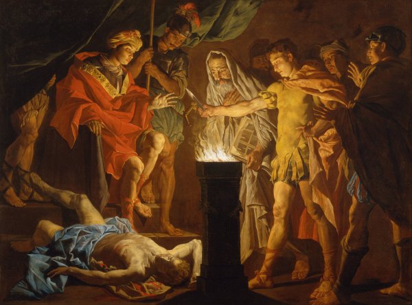 Mucius Scaevola in the presence of Lars Porsenna  by Matthias Stom - Hand-Painted Oil Painting Reproduction