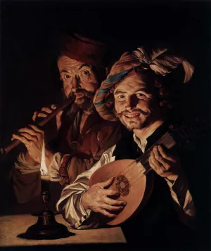 The Lutenist and the Flautist by Matthias Stom - Oil Painting Reproduction