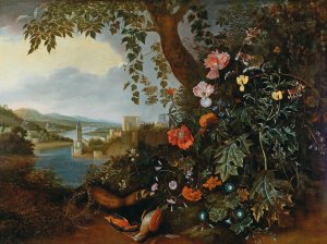 A landscape with flowers and a marten and bird trap by Matthias Withoos Oil Painting