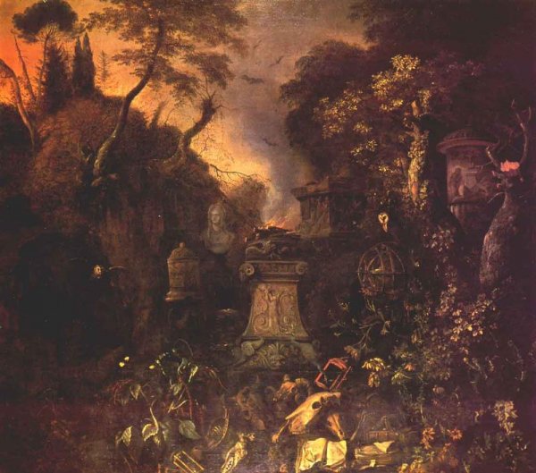 Main Product Photo of Landscape with a Graveyard by Night Painting by Matthias Withoos