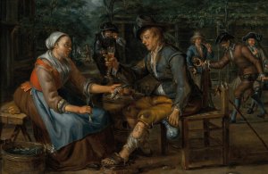 A woman offering an onion and a herring to a young man holding a glass of beer, others smoking and playing skittles behind them by Matthijs Naiveu Oil Painting