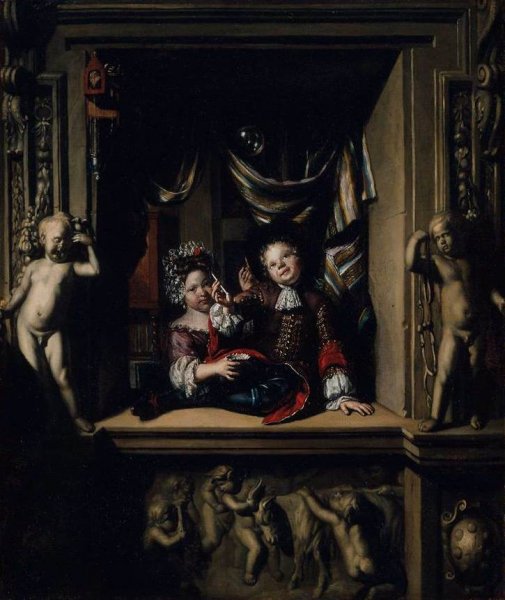 Main Product Photo of Boy and Girl Blowing Soap Bubbles Painting by Matthijs Naiveu