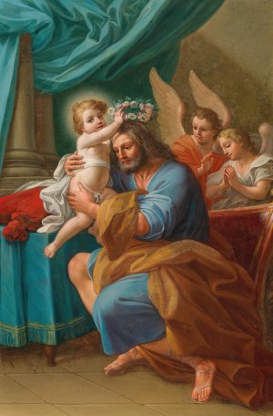 The Christ Child crowning Saint Joseph with Angels behind by Mattia De Mare Oil Painting