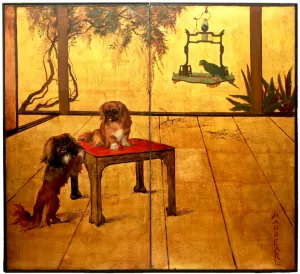 Pekingese Screen by Maud Earl - Oil Painting Reproduction