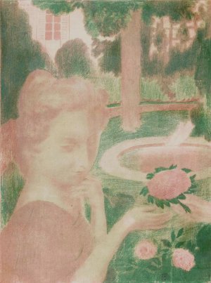 Jonge vrouw krijgt bloemenboeket in een tuin by Maurice Denis Oil Painting