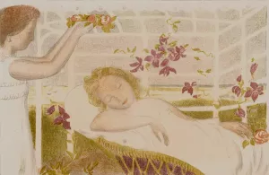 Slapend meisje krijgt bloemenkrans Oil painting by Maurice Denis