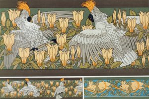 Cacatoes et magnolia, bordure. Souris blanches. by Maurice Pillard Verneuil Oil Painting
