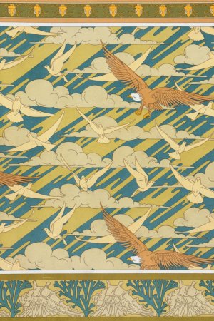 Carpocoris, bordure. Aigles et pigeons, papier peint. Coquillages et algues, bordure. by Maurice Pillard Verneuil Oil Painting