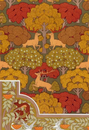 Cerfs et arbres, papier peint. ecureuil oiseaux et sorbier, bordure. Oil painting by Maurice Pillard Verneuil