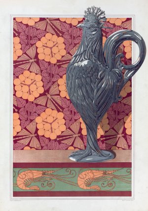 Coq, vase argent cisele. Ombelles et libellules, jeu de fond. Crevettes, bordure. by Maurice Pillard Verneuil Oil Painting