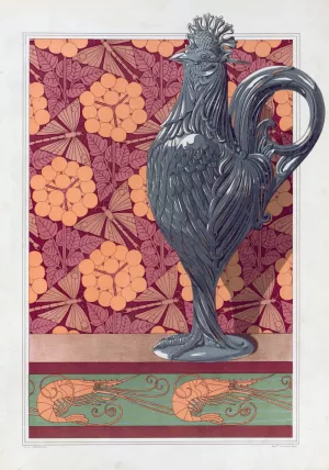 Coq, vase argent cisele. Ombelles et libellules, jeu de fond. Crevettes, bordure. Oil painting by Maurice Pillard Verneuil