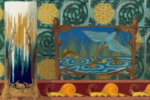 Crevettes, support en bronze pour un vase. Martin-pecheur et poissons, jardiniere bronze et email cloisonne. by Maurice Pillard Verneuil Oil Painting