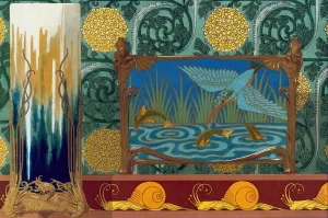 Crevettes, support en bronze pour un vase. Martin-pecheur et poissons, jardiniere bronze et email cloisonne. by Maurice Pillard Verneuil Oil Painting