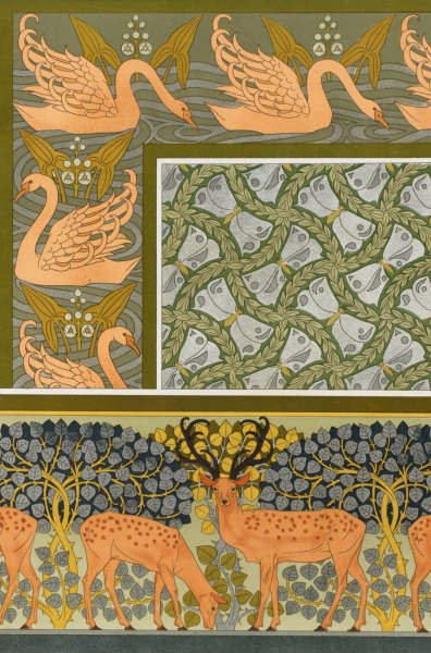 Cygnes et sagittaire, bordure. Pappillons et feuillages, etoffe. Cerfs et biches, frise.  by Maurice Pillard Verneuil - Hand-Painted Oil Painting Reproduction