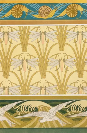 Escargots, bordure. Libellule et roseaux, papier peint. Mouettes, bordure. Oil painting by Maurice Pillard Verneuil