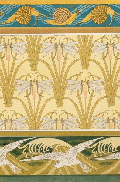 Escargots, bordure. Libellule et roseaux, papier peint. Mouettes, bordure.  by Maurice Pillard Verneuil - Hand-Painted Oil Painting Reproduction