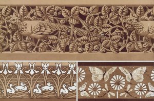 Faisan et ronces, bois sculpte a jour. Papillons et libellules, marqueterie. Canards et iris, pochoir. by Maurice Pillard Verneuil Oil Painting