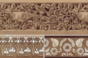 Faisan et ronces, bois sculpte a jour. Papillons et libellules, marqueterie. Canards et iris, pochoir. by Maurice Pillard Verneuil Oil Painting