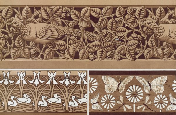 Faisan et ronces, bois sculpte a jour. Papillons et libellules, marqueterie. Canards et iris, pochoir.  by Maurice Pillard Verneuil - Hand-Painted Oil Painting Reproduction