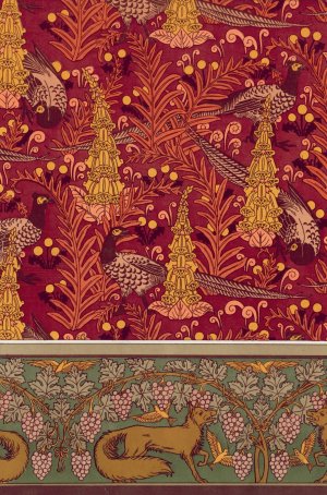 Faisans ordinaires, digitales, fougeres et pissenlit, etoffe imprimee. Renard, oiseaux et vigne, bordure. by Maurice Pillard Verneuil Oil Painting