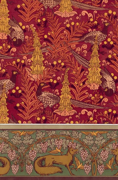 Faisans ordinaires, digitales, fougeres et pissenlit, etoffe imprimee. Renard, oiseaux et vigne, bordure.  by Maurice Pillard Verneuil - Hand-Painted Oil Painting Reproduction