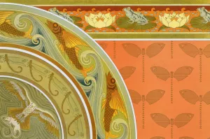Grenouilles et nenuphars, bordure; libellules, pochoir; poissons volants, libellules, bordures; milan et rat by Maurice Pillard Verneuil Oil Painting